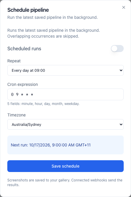 The Schedule pipeline dialog with repeat, cron, timezone and next-run settings.