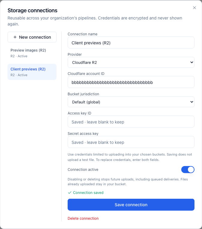 The reusable storage connection manager with provider, location and credential fields.