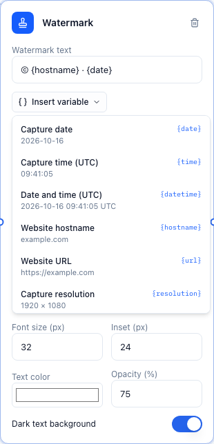 The Watermark block with its Insert variable menu listing capture details.