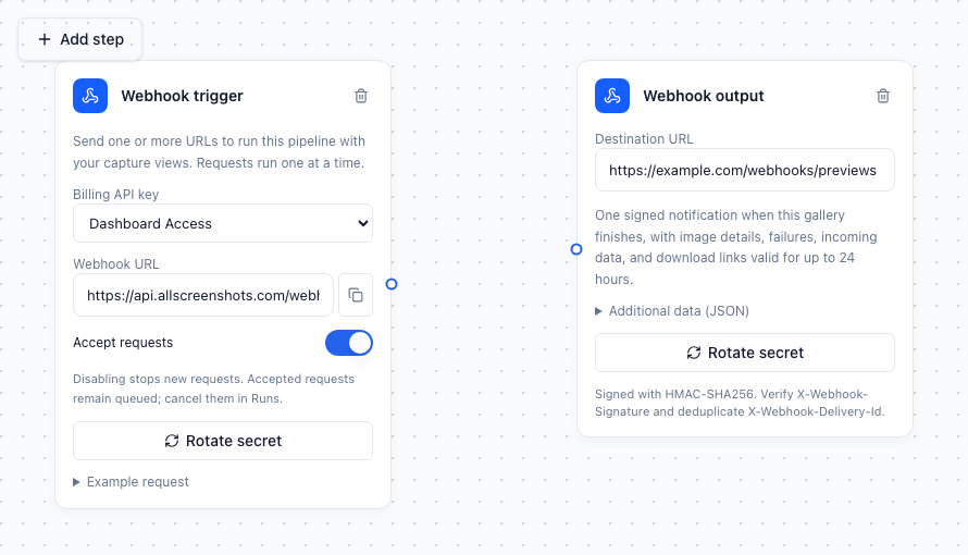 Configured Webhook trigger and Webhook output blocks in the Canvas editor.